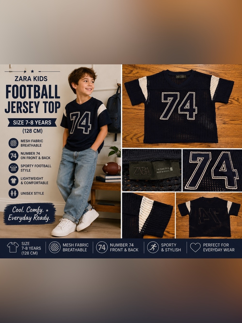 Zara Kids Navy Mesh Football Jersey Top Size 7-8 Years (128 cm) Number 74